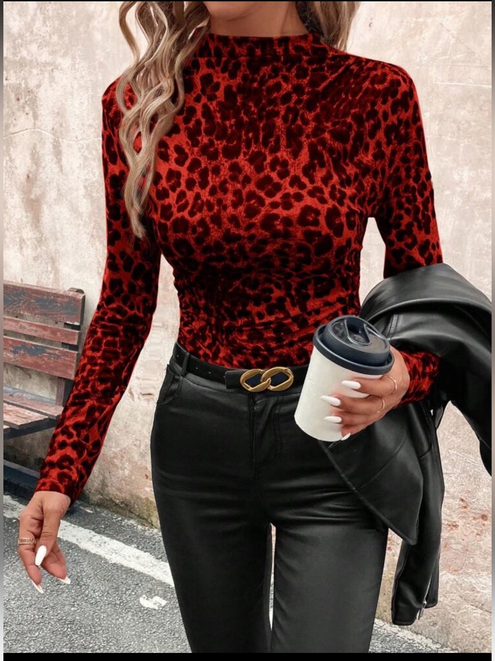 SHEIN Clasi - Long-Sleeve Red Leopard Print Turtleneck Top